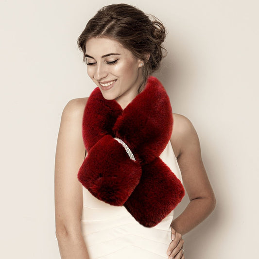 Women's Faux Fur Bling Pull-Through Winter Collar Scarf Neck Warmer Burgundy