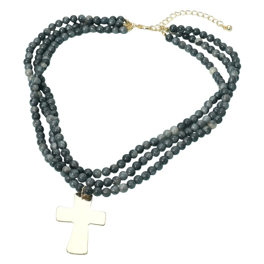 Gray Beaded Necklace with Gold Cross Pendant, Multi-Layer Fashion Jewelry