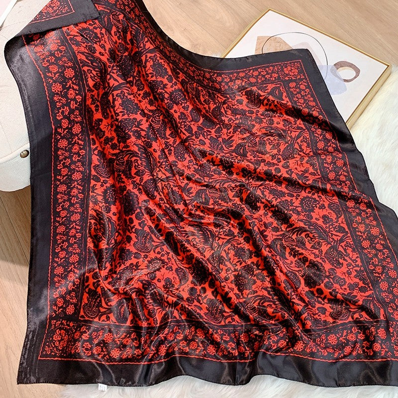 Womens Satin Square Scarf 90cm Red and Black Floral Print Head Scarf Shawl