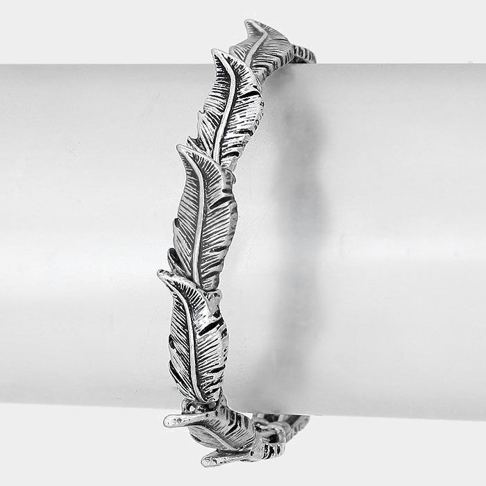 2pc Western Feather Stretch Bracelet Set Mixed Metal Silver Copper Boho 0.4"