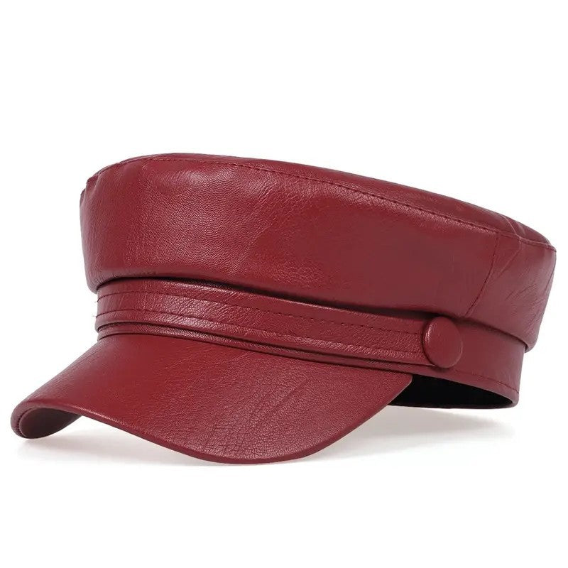 BurgundyFaux Leather Newsboy Cap Women Baker Boy Captain Hat Sailor Peaked Visor