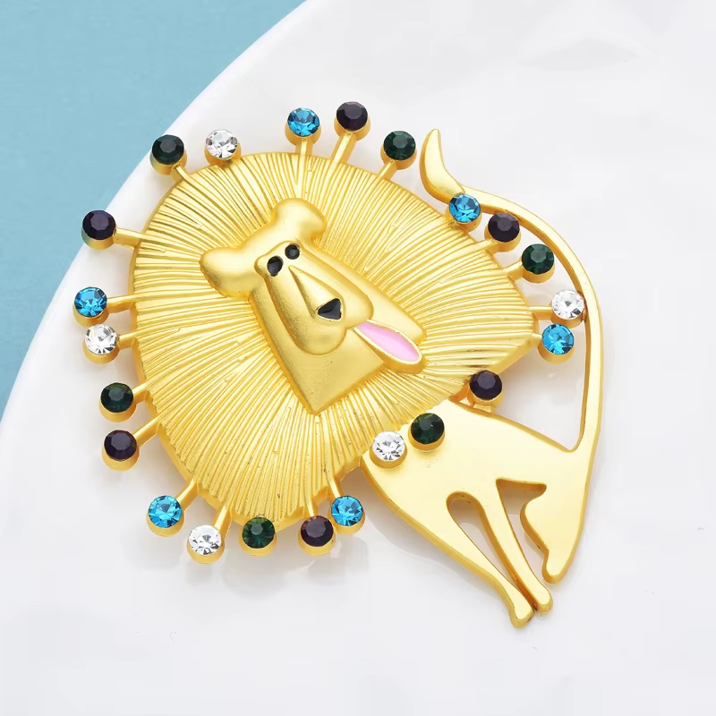 Cute Gold Tone Lion Brooch Pins (2 Pcs) Multi-Color Rhinestone Jewelry Set