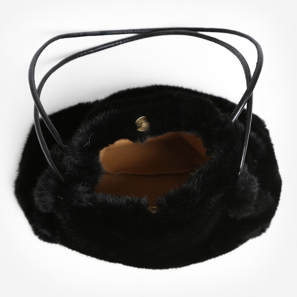 Black Faux Fur Shoulder Bag with Tan Straps Winter Handbag Magnetic Closure