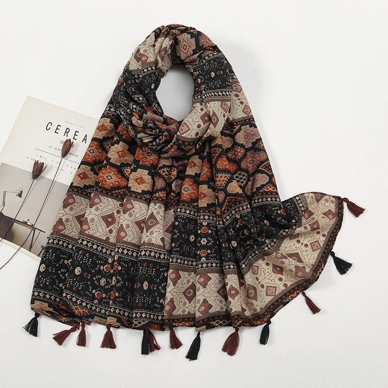 2PCS Women's Oversized Geometric Tassel Shawl Scarf Black & Green/Brown 72.8in