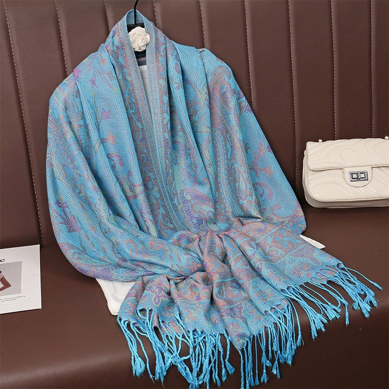 3 PC Paisley Pashmina Shawl Set - Teal Red Blue Floral Wrap Scarf with Tassels