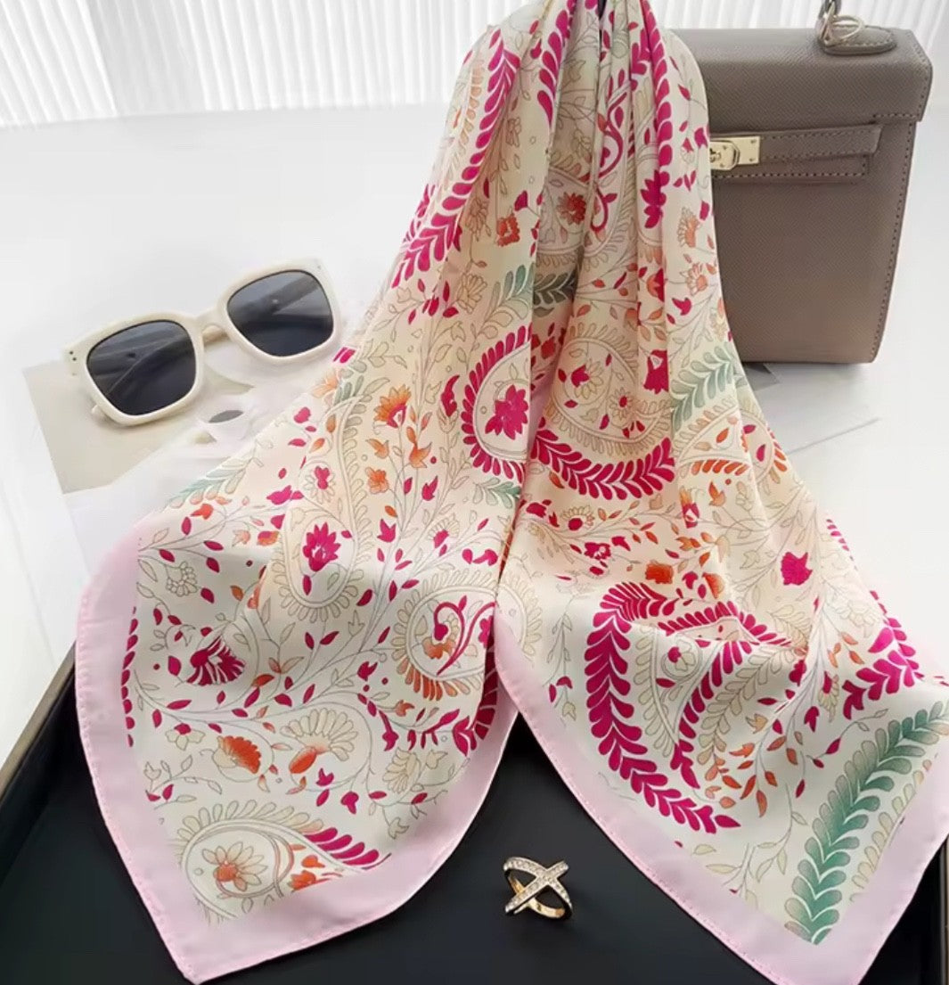 Pink Paisley Silk Feel Square Scarf - Floral Print Neck Head Wrap Bandana Bag