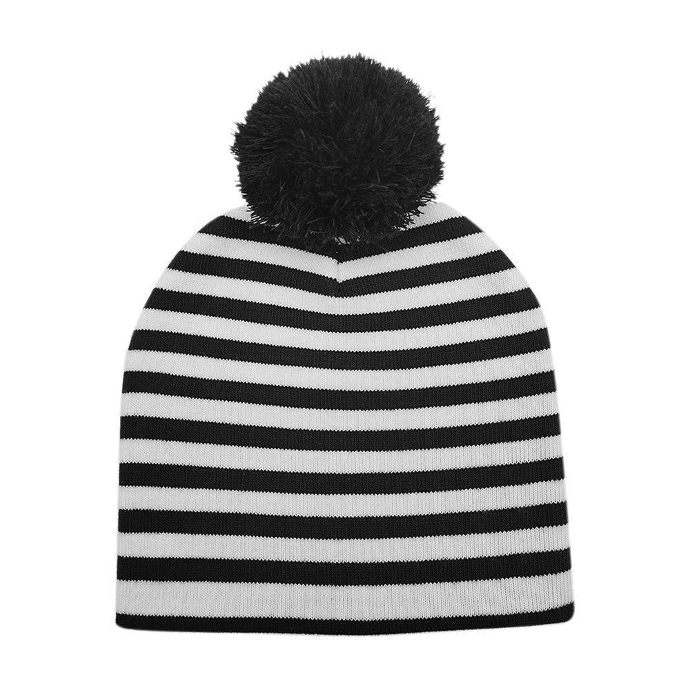 Two Tone Striped Womens Winter Beanie Hat One Size White Black Knit 100% Acrylic