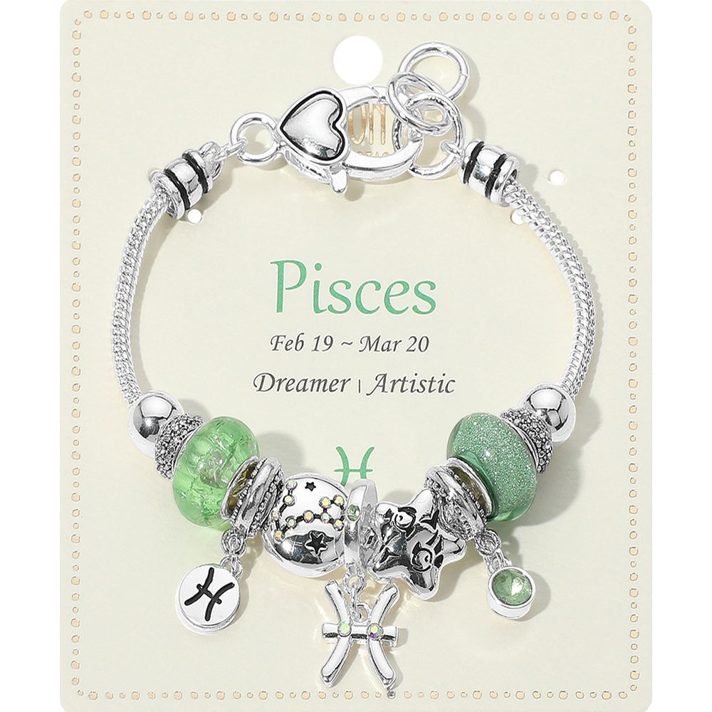 Pisces Zodiac Charm Bracelet Green Glass Beads Silver Tone Adjustable Jewelry