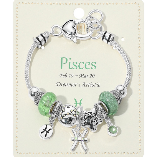 Pisces Zodiac Charm Bracelet Green Glass Beads Silver Tone Adjustable Jewelry