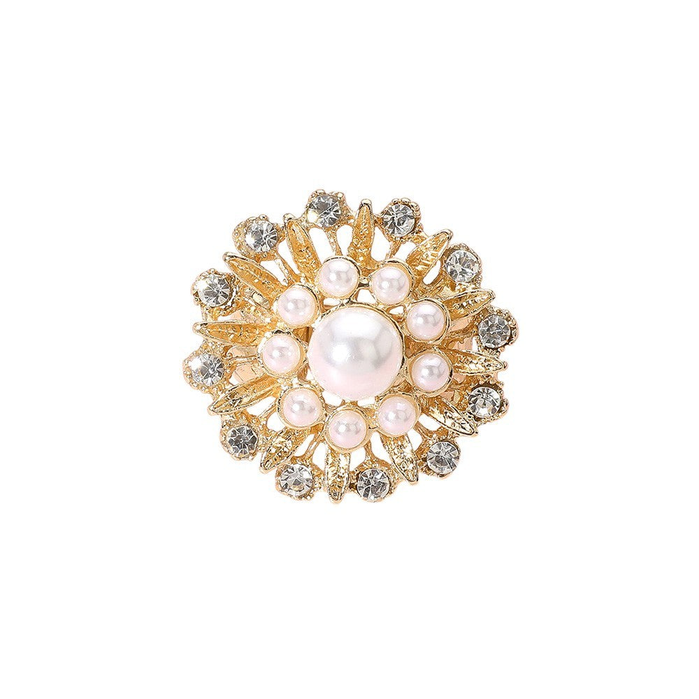 2PCS Pearl & Crystal Cluster Ring Set Gold Tone Flower Starburst Stretch Jewelry