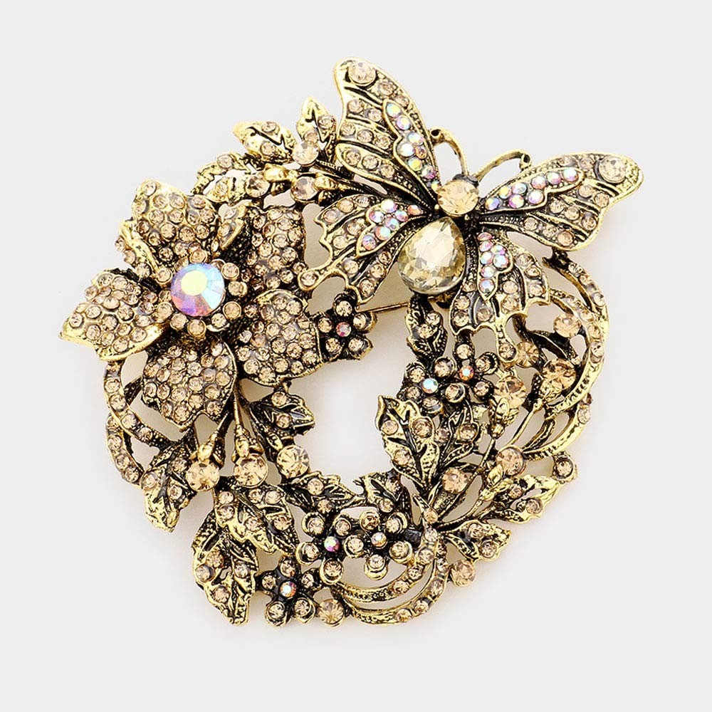 Vintage Gold Butterfly Flower Wreath Brooch Pendant Rhinestone Crystal Jewelry