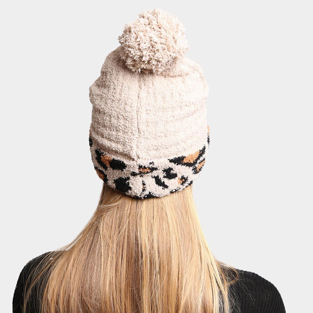 Winter Beanie Hat Womens Beige Black Microfiber Leopard Print Pom-Pom Accented