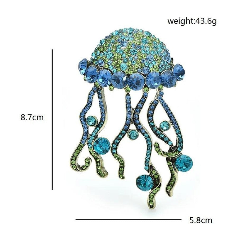 2pcs Sparkling Crystal Jellyfish Brooch Set Blue Amber Rhinestone Marine Pins