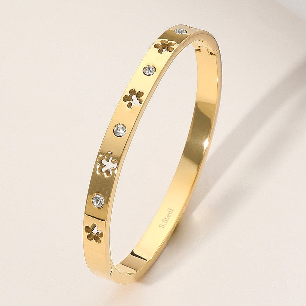 Stainless Steel Flower Cutout Hinged Bangle Bracelet with Sparkling Stones