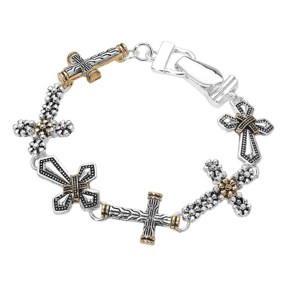 Silver Gold Cross Bracelet Floral Design Religious Jewelry