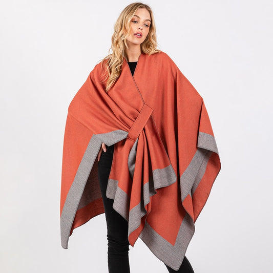 Two Tone Ruana Poncho Women Pull Through Shawl Knit Cape Wrap Cozy Layering