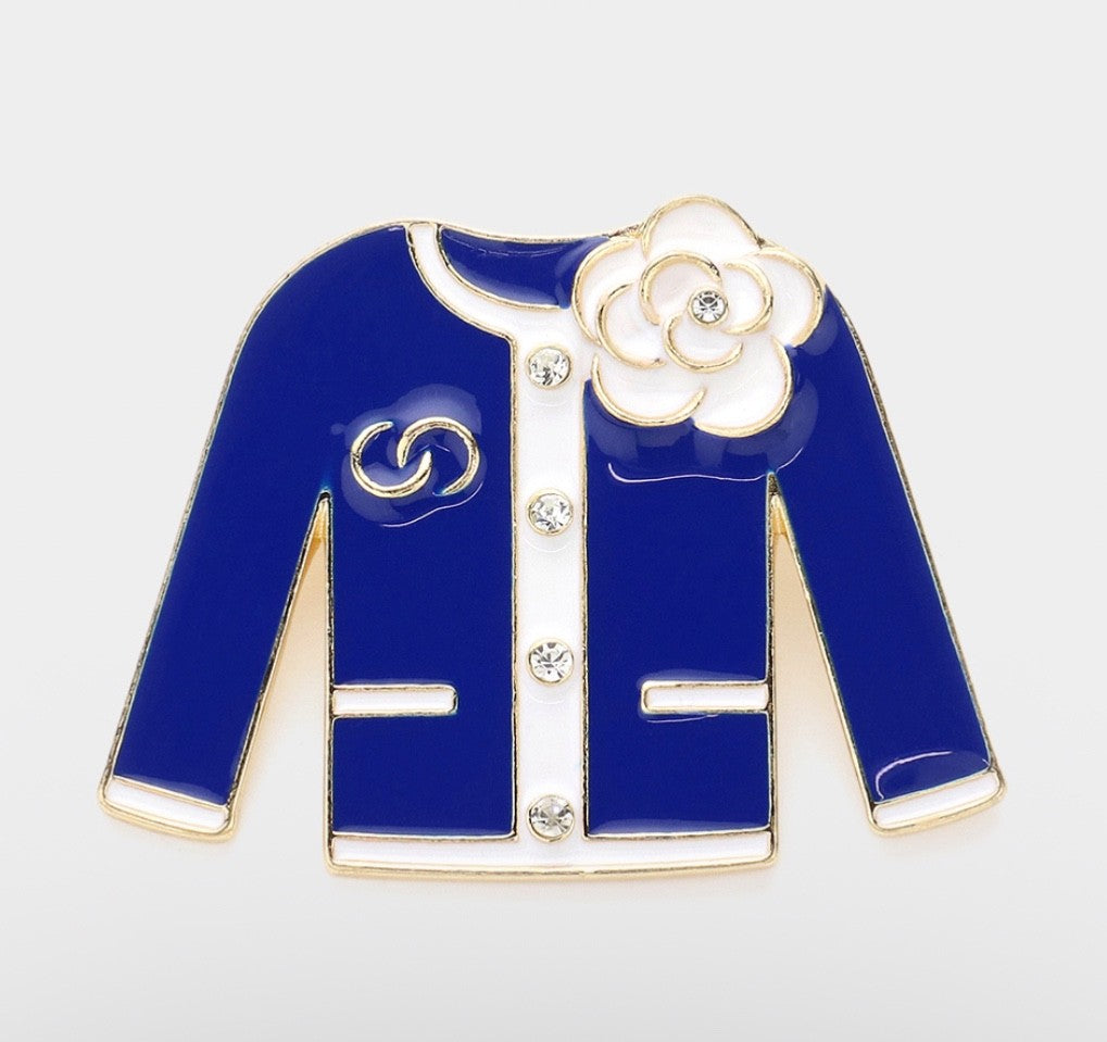 2pc Gold Tone Enamel Jacket Brooch Set Camellia Flower Crystal Button Pin 2.4"