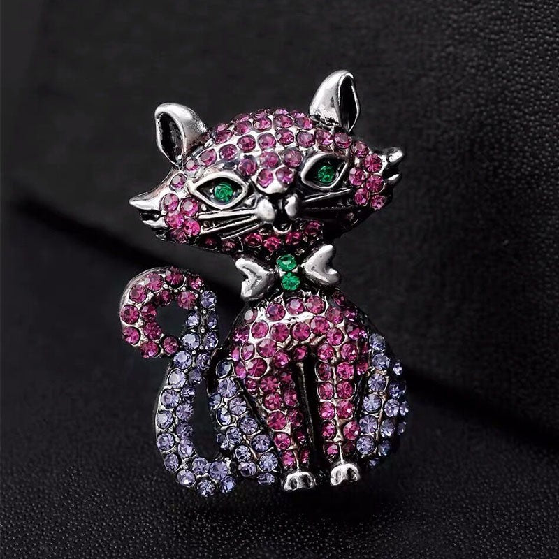 5pcs Cat Brooch Pin Set Rhinestone Enamel Sterling Silver Abalone Shell