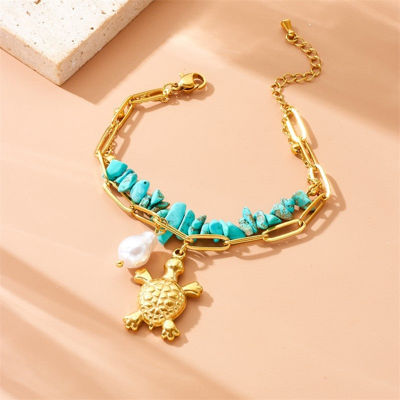 Turquoise Stone & Gold Turtle Charm Bracelet with Pearl Accent - Boho Jewelry