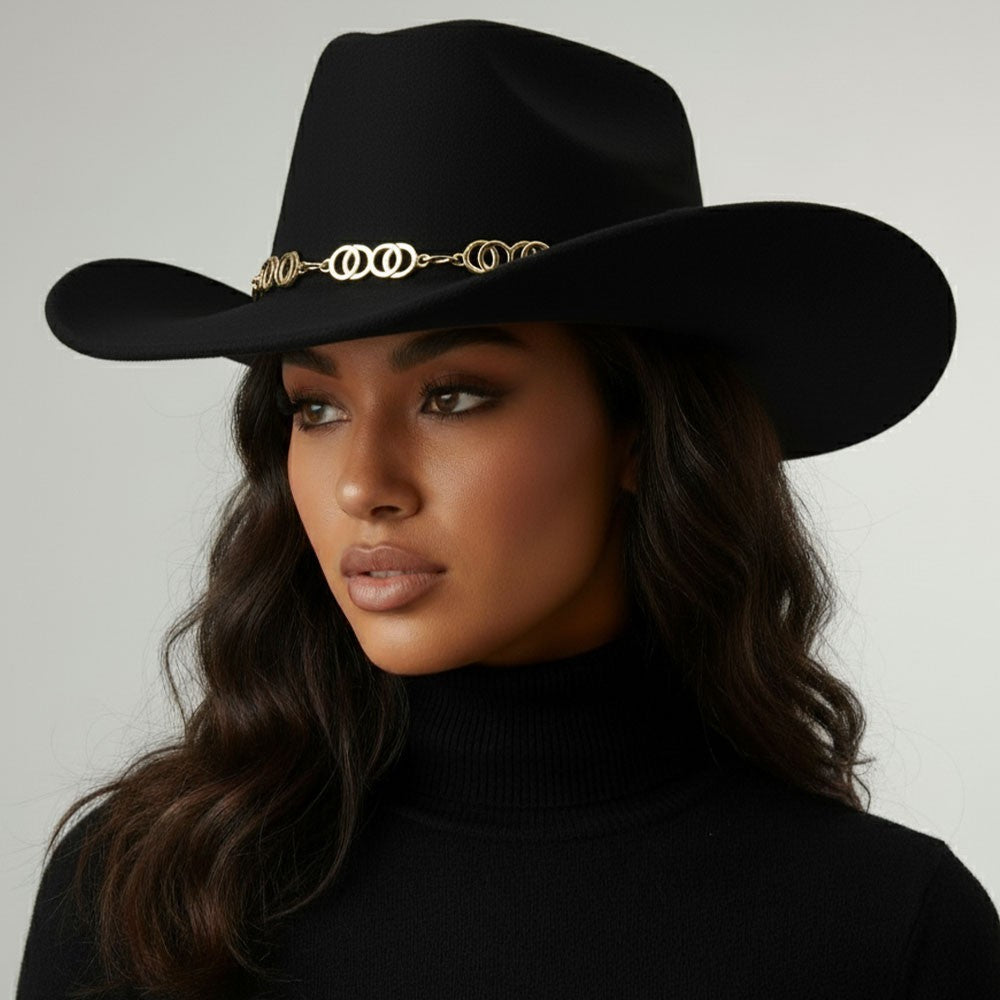 Black Felt Western Cowboy Hat w/ Gold Chain Band Women’s Fashion One Size
