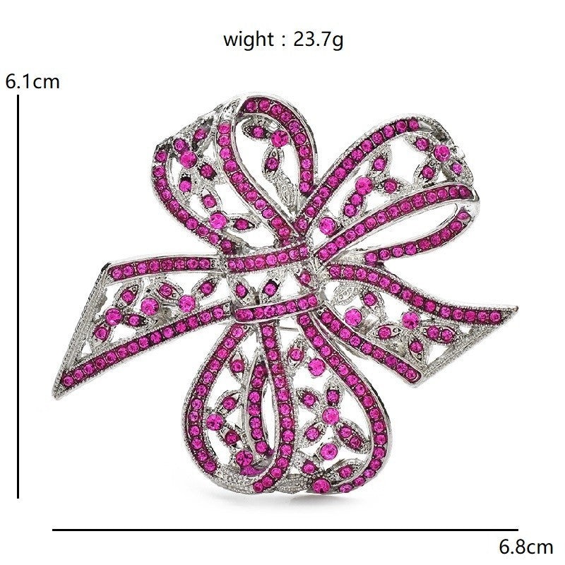 Large Pink Rhinestone Bow Brooch Pin Silver Tone Vintage Style Costume Jewelry