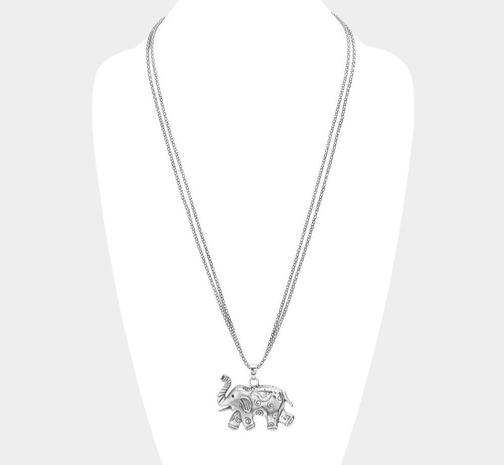 Textured Metal Elephant Pendant Double Chain Long Necklace Silver Color