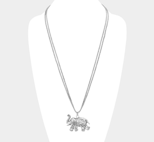 Textured Metal Elephant Pendant Double Chain Long Necklace Silver Color