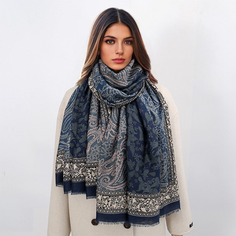 Luxury Blue Paisley Floral Scarf Shawl Wrap Winter Pashmina Style Fringed