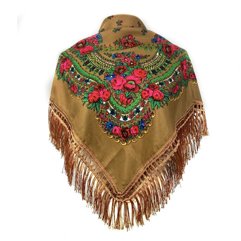 Russian Floral Fringed Shawl Scarf Headscarf  for Women Style Yellow Wool