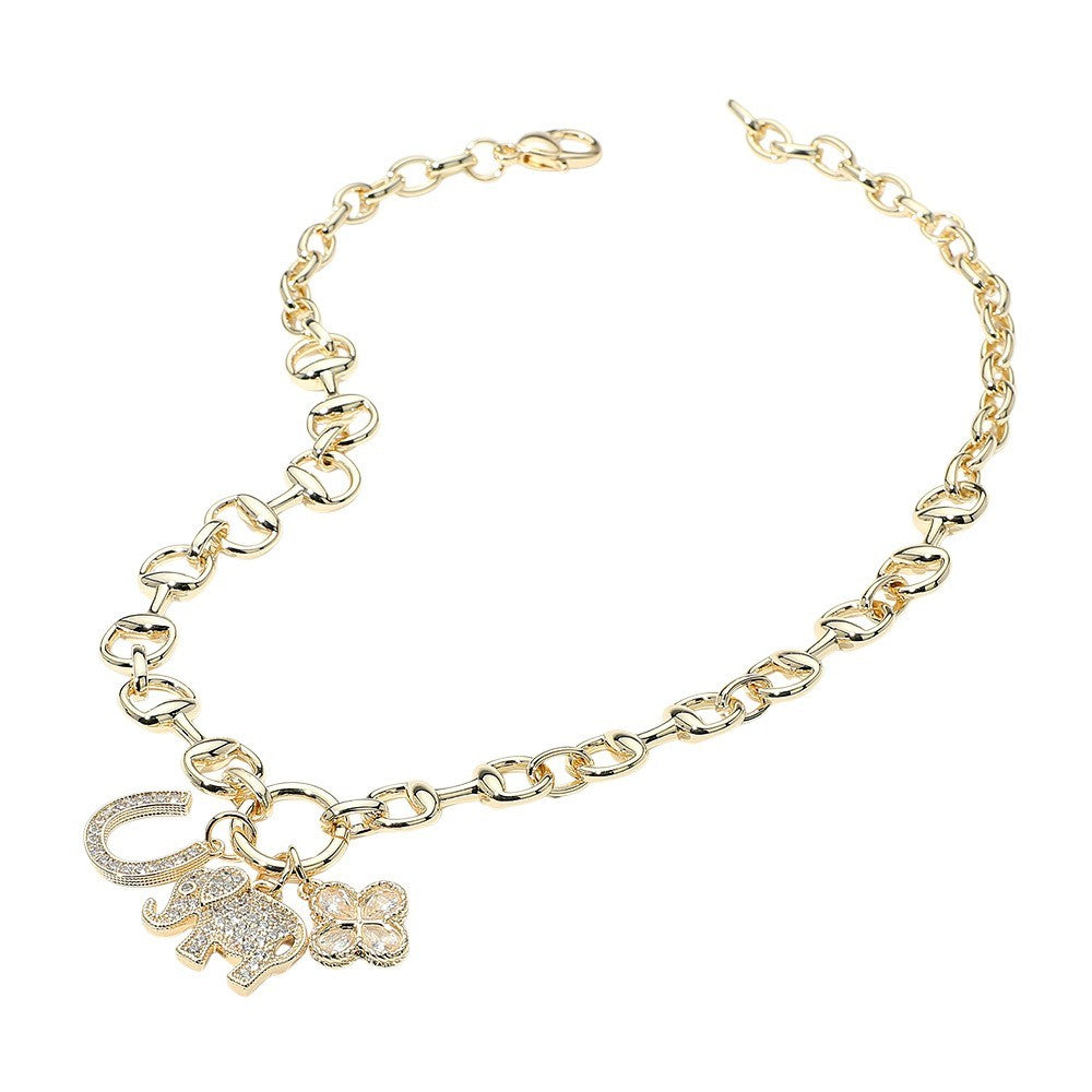 Gold Dipped Link Chain Necklace CZ Charm Horseshoe Elephant Clover Luck 17.5in