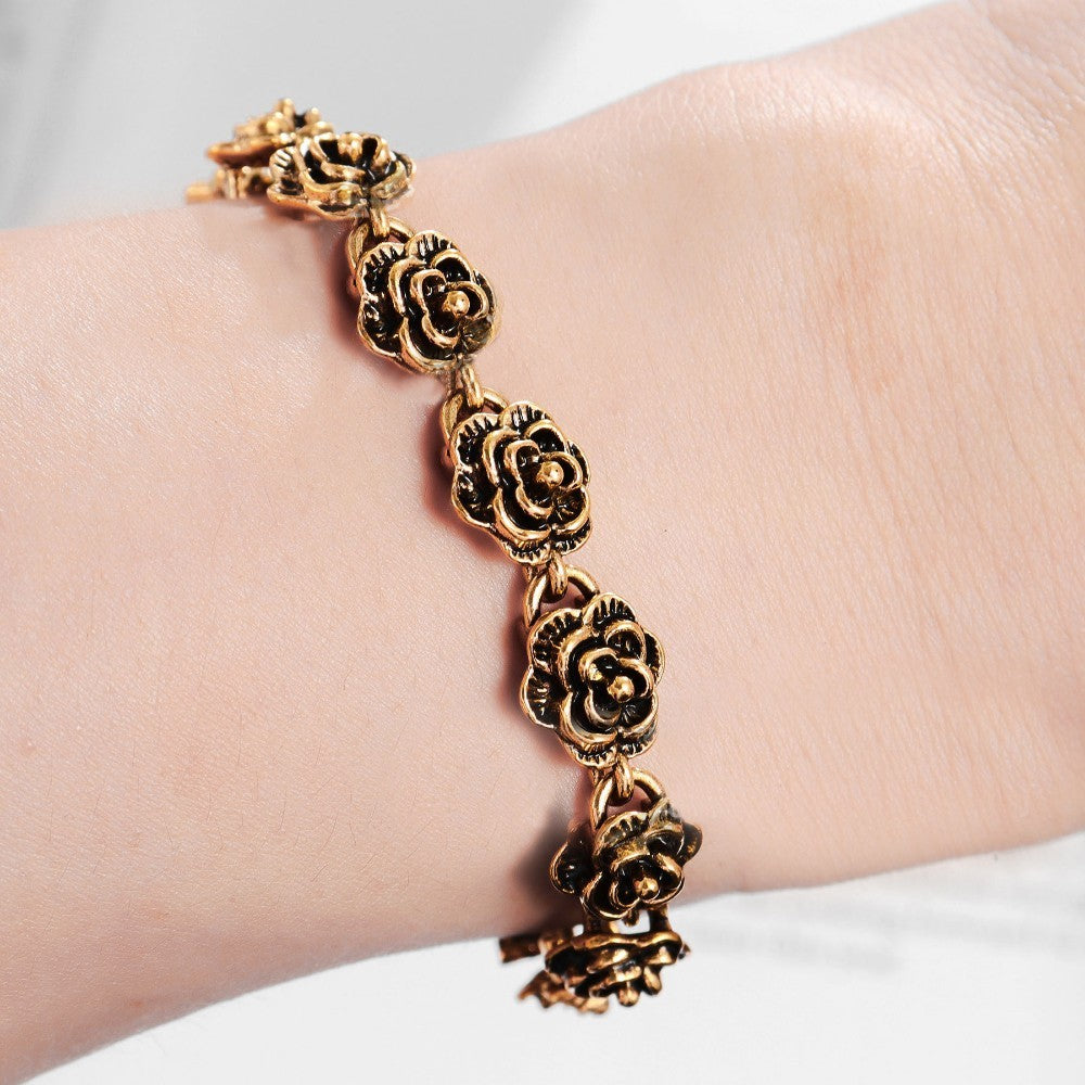 Vintage Style Gold Rose Flower Link Bracelet Jewelry Gift