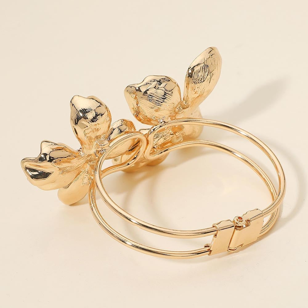 Elegant Gold Floral Double Blossom Hinged Bangle Bracelet with Crystal Accents