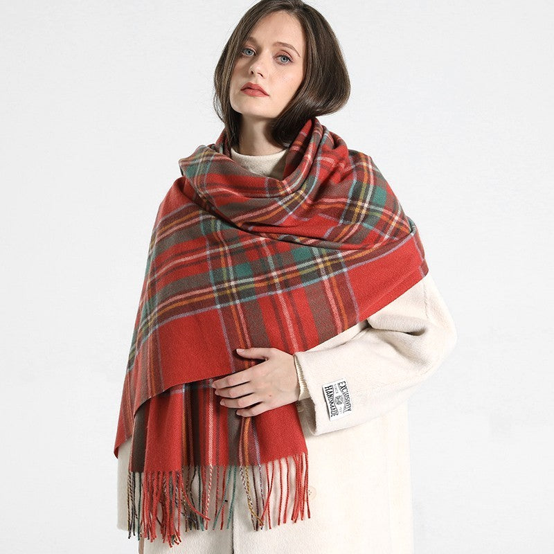 Women's Red Plaid Scarf Oversized Tartan Winter Wrap Tassel Shawl