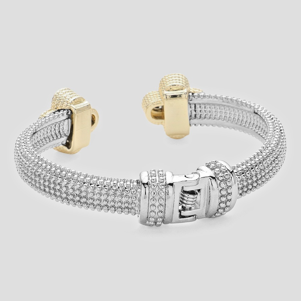 Two-Tone Clover Pave Cubic Zirconia Cuff Hinged Bangle Bracelet 6"