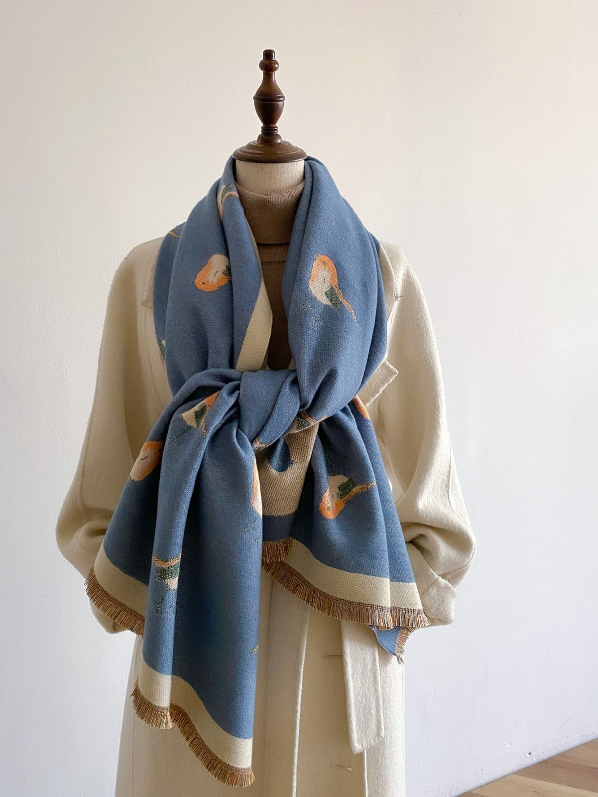 Luxurious Blue Knit Wool Feel Shawl Scarf with Bird Motif Unisex Winter Wrap