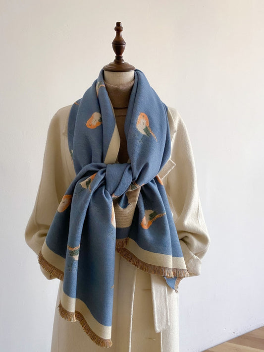 Luxurious Blue Knit Wool Feel Shawl Scarf with Bird Motif Unisex Winter Wrap