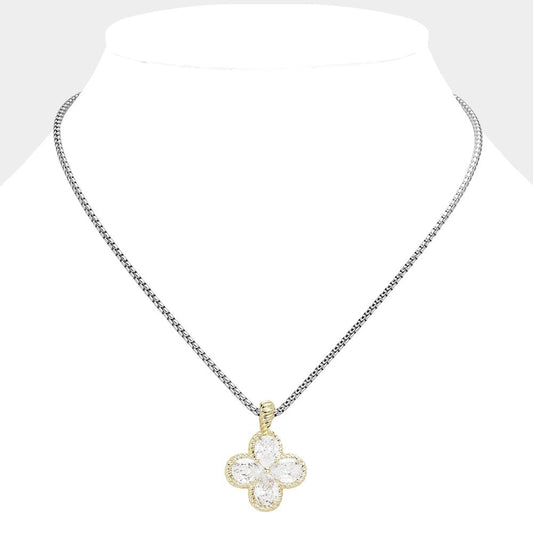 14K Gold Plated Cubic Zirconia Stone Quatrefoil Pendant Necklace for Women