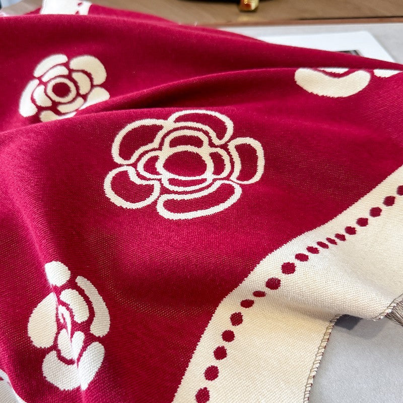 Red Camellia Floral Cashmere Feel Scarf Shawl Wrap 25.6 x 72.8 in Oversize Gift