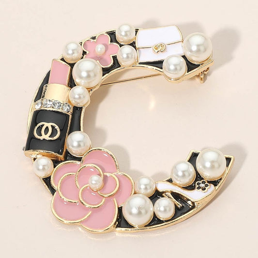 Luxury C-Shape Camellia Lipstick Pearl Brooch Pin for Elegant Fashion Brooches
