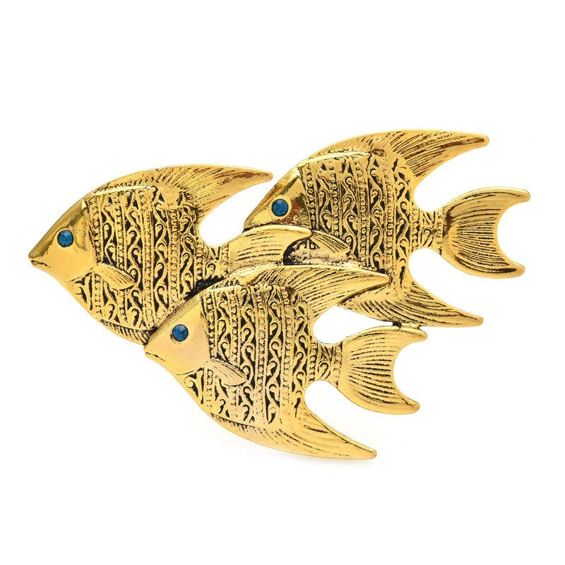 Triple Fish Brooch Pin Gold Tone Blue Eyes Vintage Style Jewelry Gift