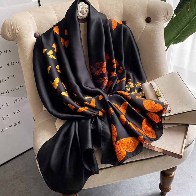 Black Orange Butterfly Satin Silk Feel Scarf Wrap Shawl Luxury Elegant Gift