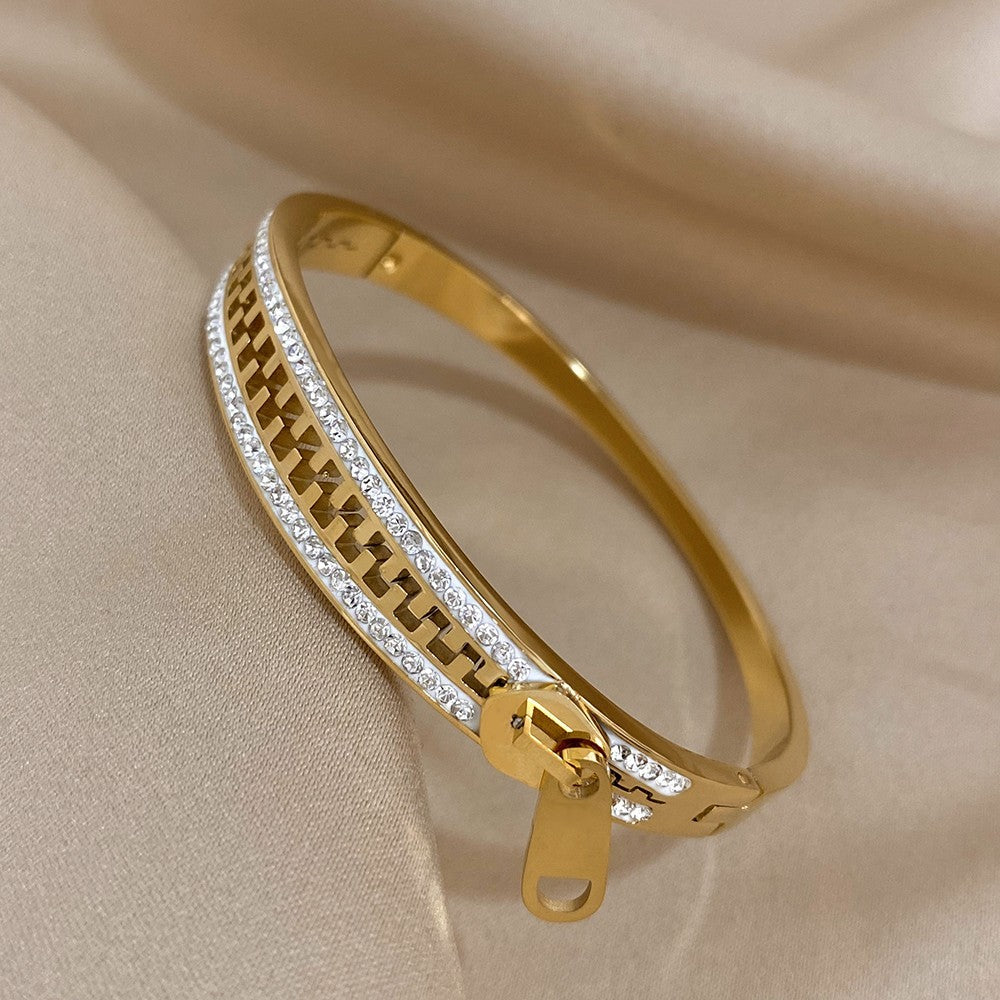 Gold Plated Zipper Charm Bangle Bracelet | Stainless Steel Luxury Zip Hand Jewel