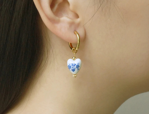 Vintage Blue White Porcelain Teapot Earrings Heart Pearl Dangle Jewelry Gift