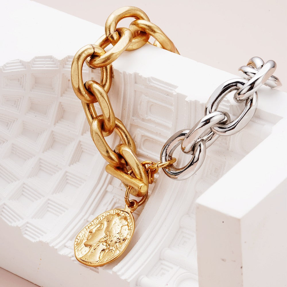 Mixed Metal Gold Silver Chunky Chain Bracelet Coin Pendant Toggle Clasp