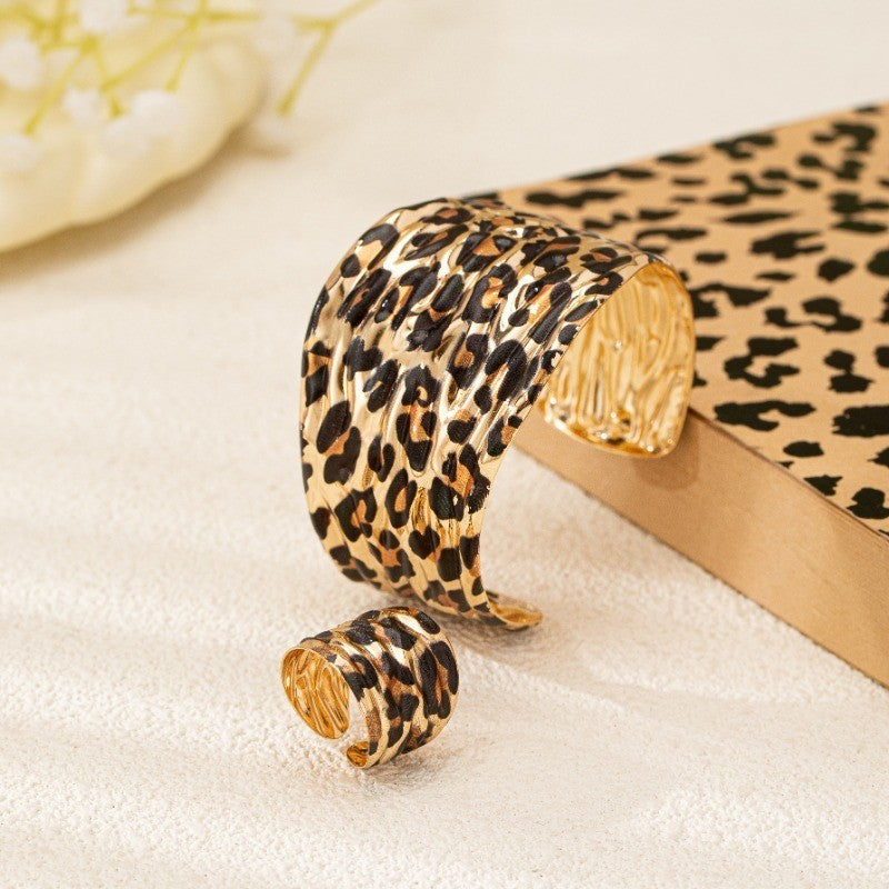 Gold Leopard Print Cuff Bracelet & Ring Set Boho Statement Jewelry