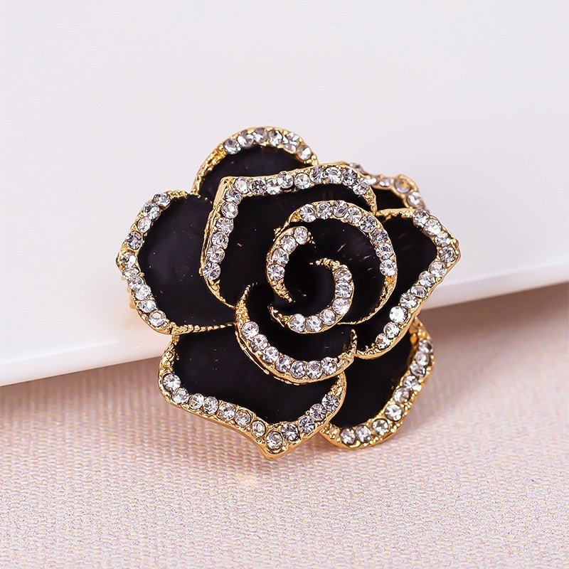 3pcs Rose Flower Brooch Set Red White Black Enamel Rhinestone Crystal Jewelry
