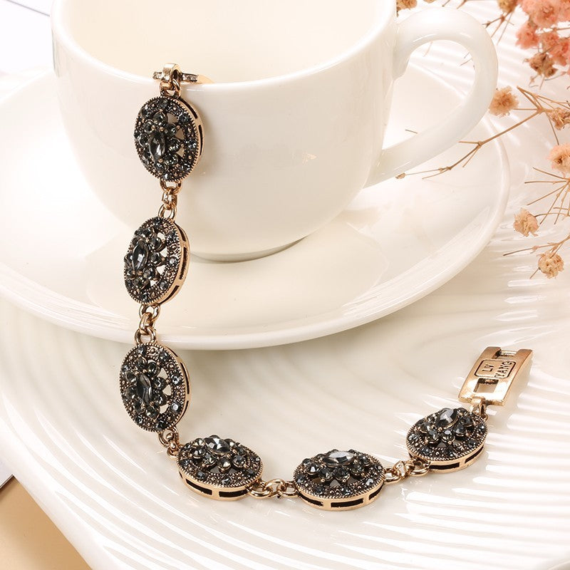 Antique Gold Crystal Flower Turkish Link Bracelet Bohemian Ethnic Jewelry