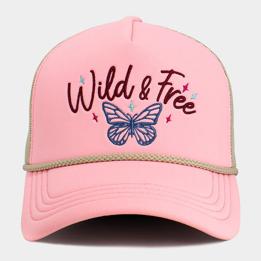 Embroidered Butterfly WILD & FREE Message Trucker Hat Pink Beige Mesh Back