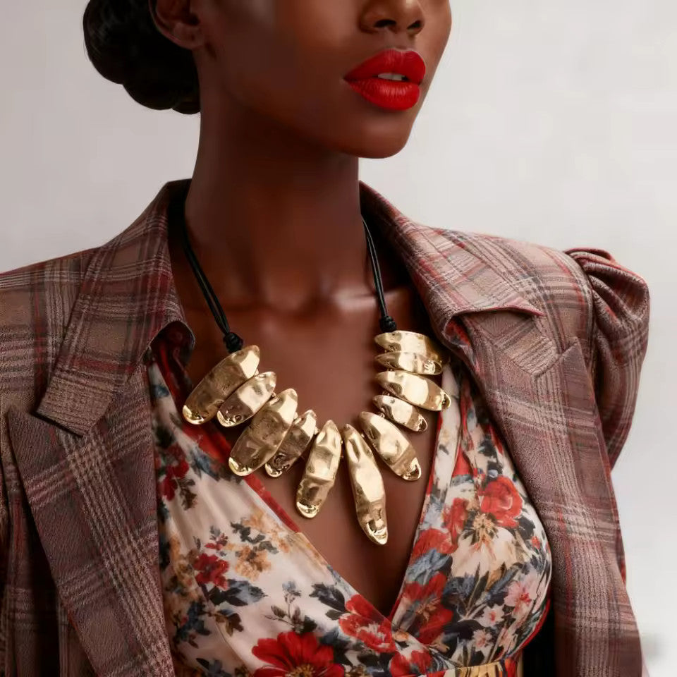 Women's Boho Chic Fashion Statement Chunky Collar Necklace Gold Tone Black Cord