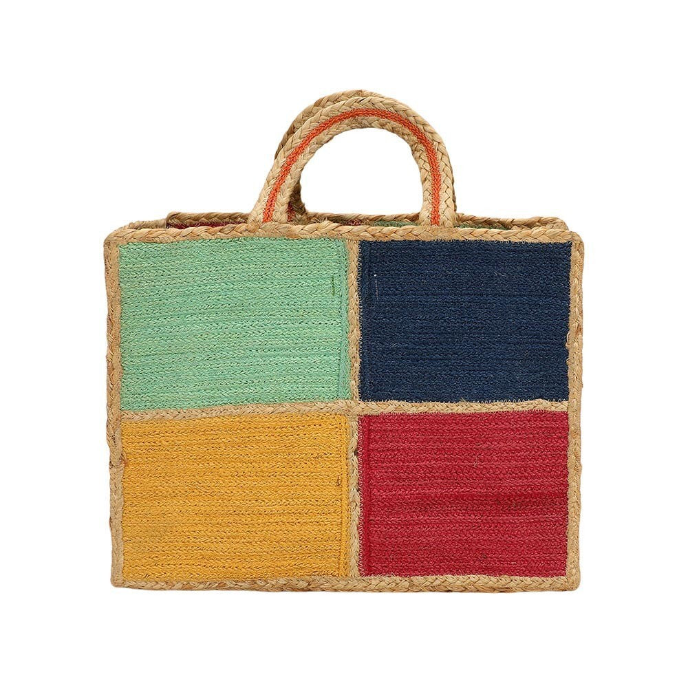 Color Block Jute Tote Bag for Women Boho Eco-Friendly Woven Handbag Summer Purse